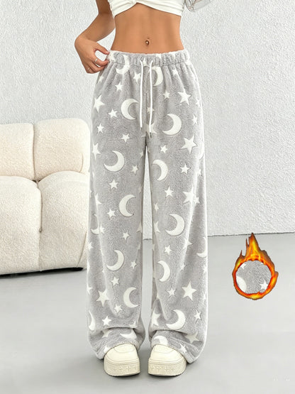 Comfortable Star Moon Print Fleece Pajama Pants for Women with High Waist Drawstring Wide Leg Cozy Style
