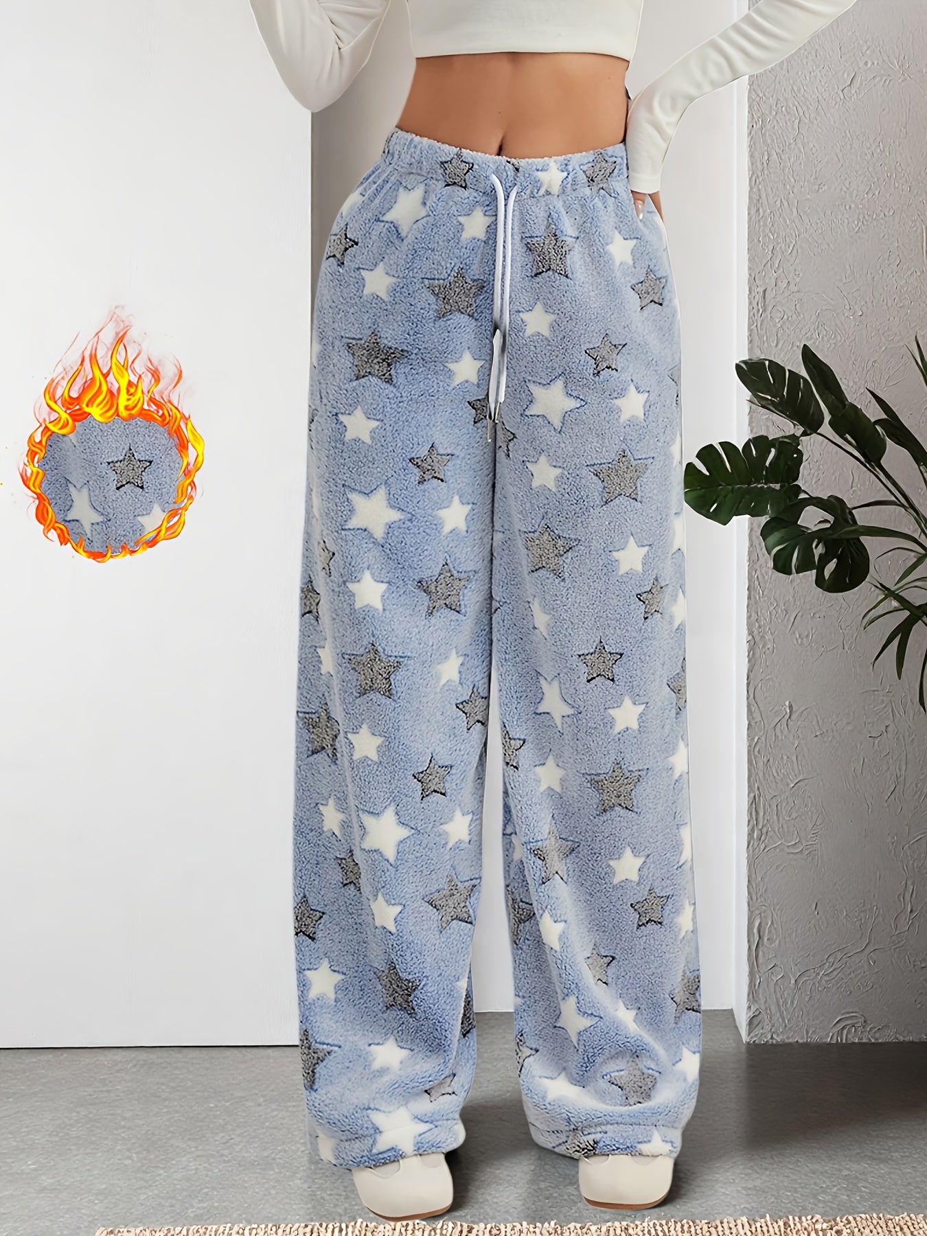 Comfortable Star Moon Print Fleece Pajama Pants for Women with High Waist Drawstring Wide Leg Cozy Style