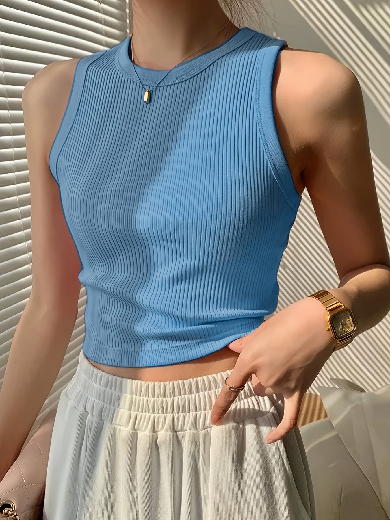 Effortless Ribbed Crop Top for Women with Crew Neck Sleeveless Racerback Fitted Tank Style