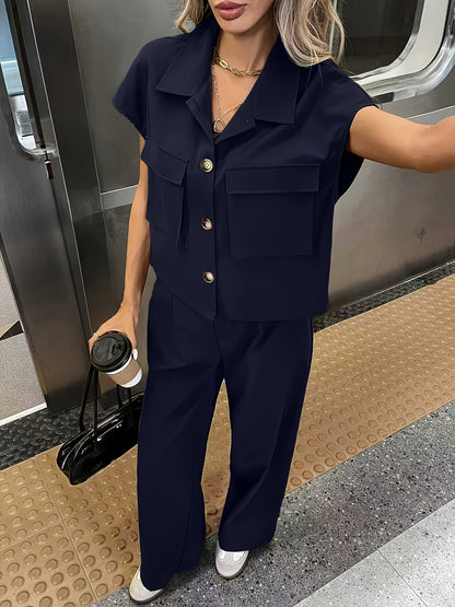 Effortless Wide Leg Two Piece Set for Women with Collar Short Sleeve Belted Relaxed Casual Style