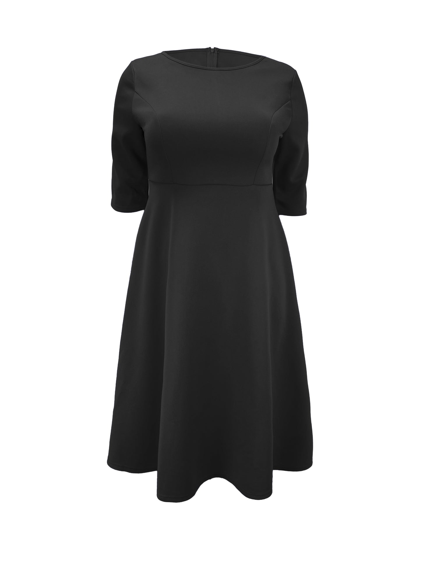 Elegant A Line Midi Dress for Women with Round Neck Elbow Sleeve Fit and Flare Style