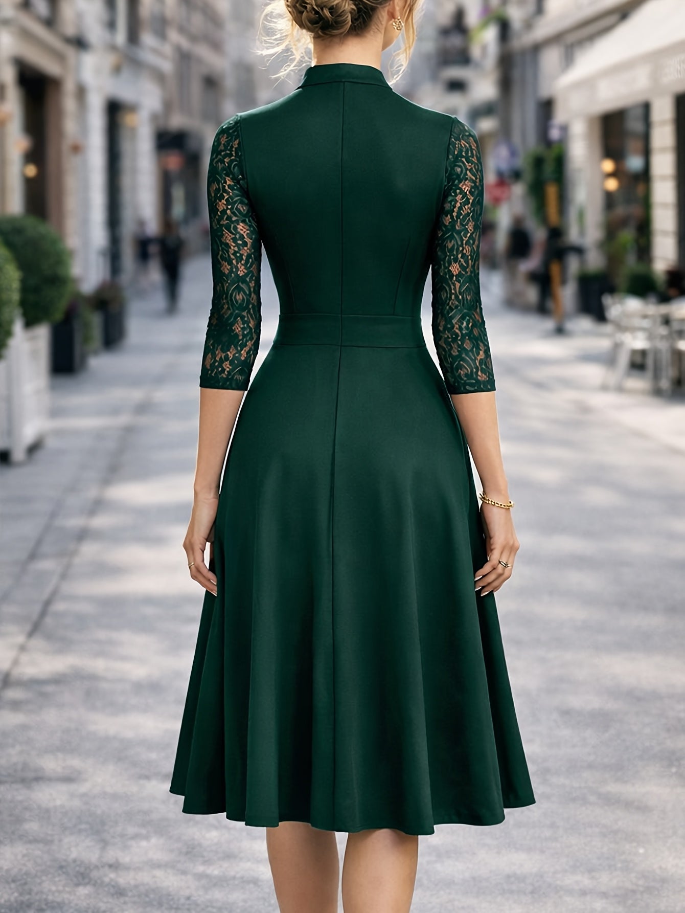 Elegant Lace Midi Dress for Women with Notch Neck Three Quarter Sleeve Fit and Flare Cocktail Style