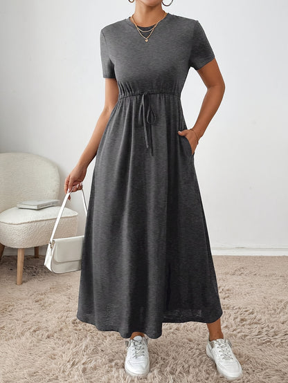 Effortless Drawstring Waist Maxi Dress for Women with Round Neck Short Sleeve Relaxed Flowing Pocket Style