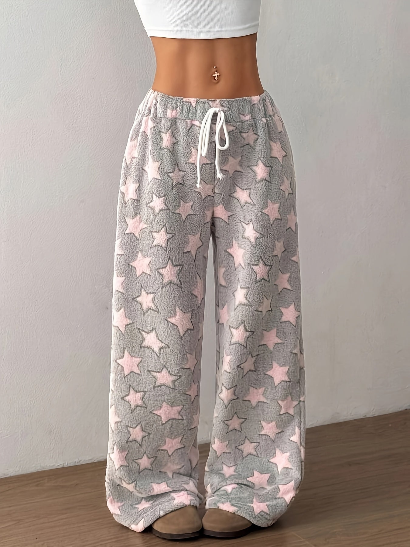 Comfortable Grey Star Print Fleece Pajama Pants for Women with High Waist Drawstring Wide Leg Cozy Style