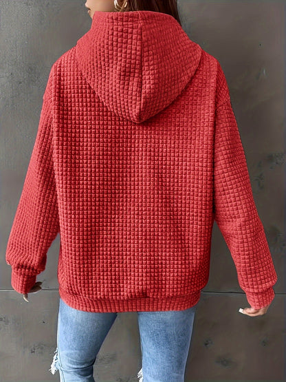 Women's Casual Waffle- Color-Block Hooded Sweatshirt - Relaxed Fit Long Sleeve Pullover with Drawstring Hood, Machine Washable Autumn Winter Fashion Top, Cute Sweatshirts, Autumn Apparel, Soft Fabric, Everyday Outfit, Waffle Design, Breathable Material, C