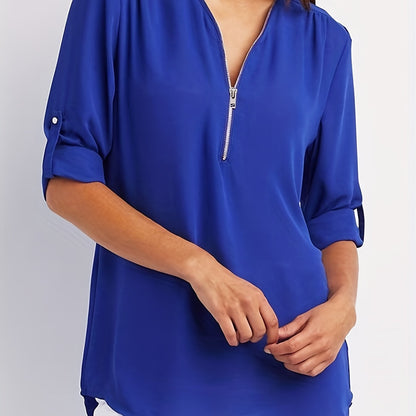 Effortless Chiffon Blouse for Women with Zip V Neck Roll Tab Sleeve Relaxed Casual Style