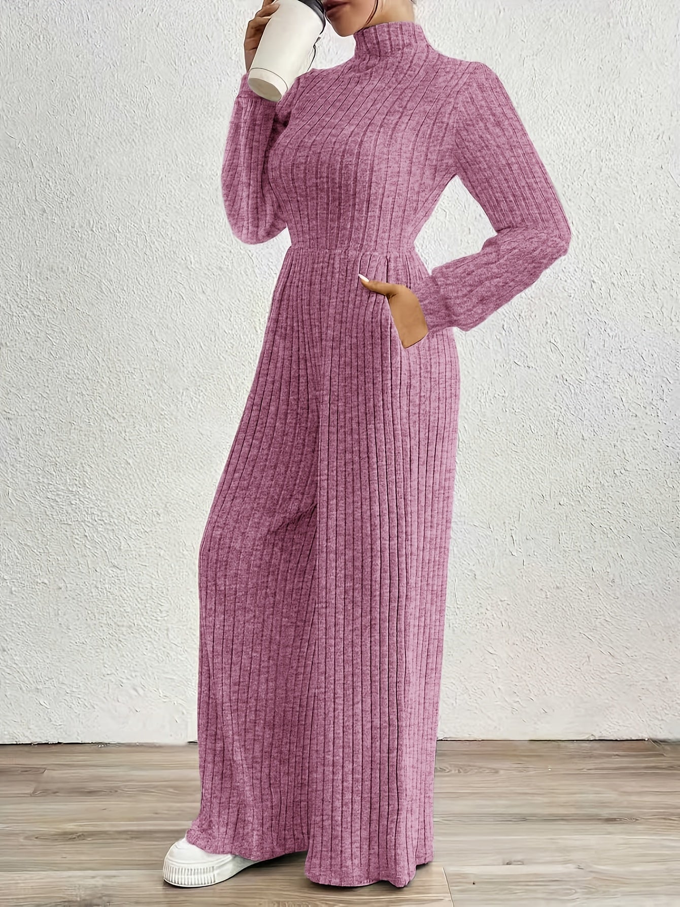 Effortless Ribbed Knit Jumpsuit for Women with Mock Neck Long Sleeve Wide Leg Relaxed Style