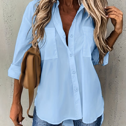 Effortless Button Front Blouse for Women with Collar Long Sleeve Chest Pocket Relaxed Style