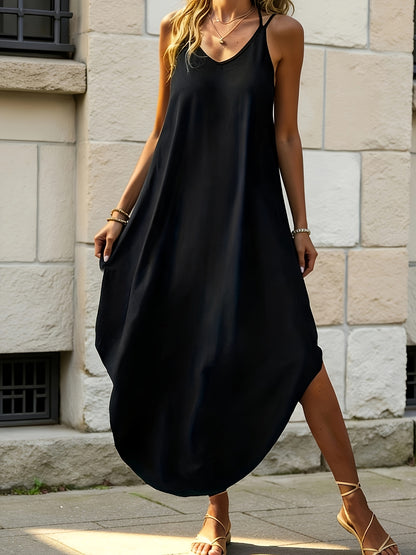 Elegant Black Maxi Dress for Women with V Neck Sleeveless Cocoon Flowing Bohemian Style