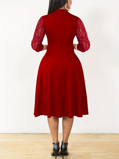 Elegant Lace Sleeve Midi Dress for Women with Notched Neck Three Quarter Sleeve Fit and Flare Cocktail Style