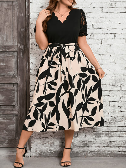 Elegant Black Leaf Print Midi Dress for Women with Scalloped V Neck Lace Sleeve Tie Waist Style