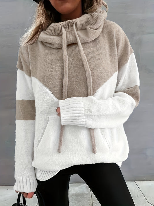 Comfortable Colorblock Cowl Neck Sweater for Women with Drawstring Long Sleeve Oversized Knit Style