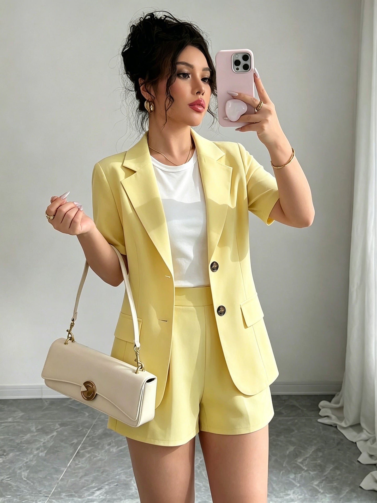 Elegant Tailored Blazer Two Piece Set for Women with Notch Lapel Short Sleeve Button Front Shorts Style