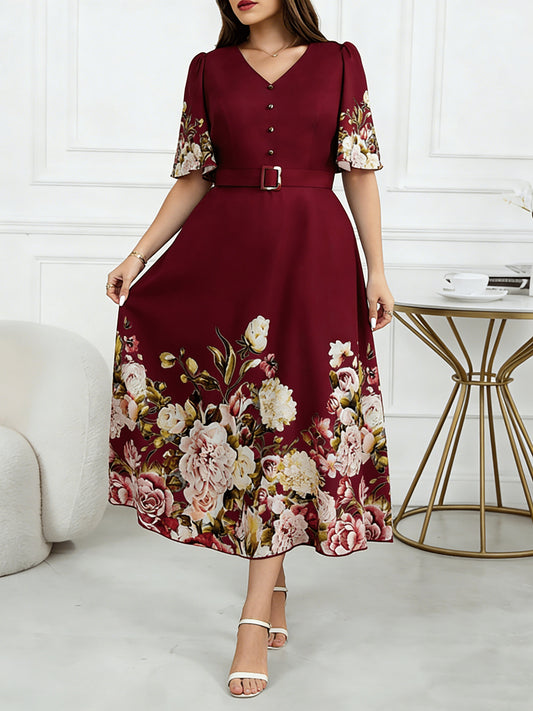 Effortless Floral Midi Dress for Women with V Neck Flutter Sleeve Belted A Line Style