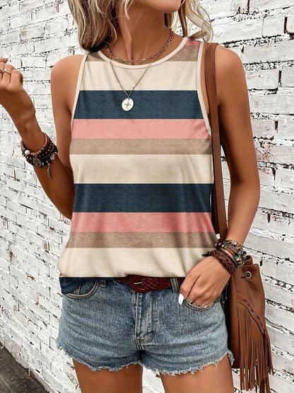 Effortless Colorblock Striped Tank Top for Women with Crew Neck Sleeveless Relaxed Casual Style