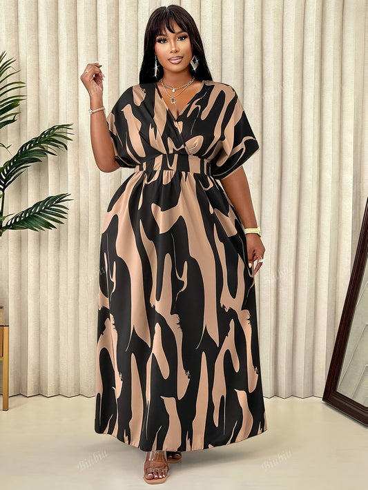 Elegant Plus Size Color Block Maxi Dress - V-Neck, Short Sleeve, Flowy Summer Dress with Pockets for Women, Lightweight Polyester Fabric, Perfect for Casual or Formal Occasions, Casual Summer Dress | Vneck Dress | No Stretch, Cute Dresse