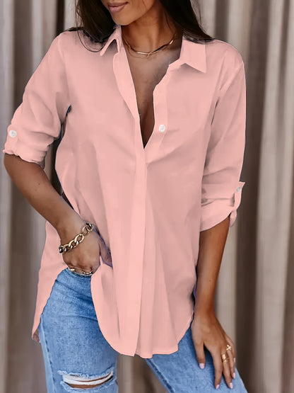 Effortless Relaxed Blouse for Women with Collar Long Sleeve Button Front Oversized Style
