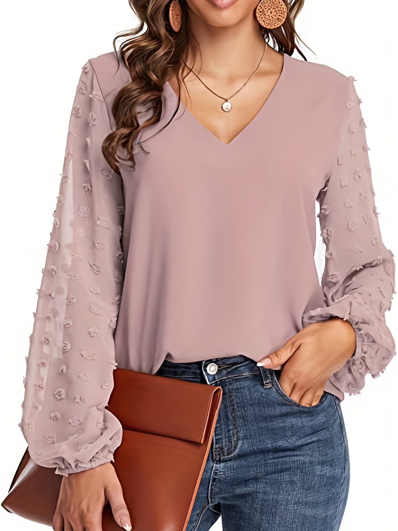 Elegant Swiss Dot Blouse for Women with V Neck Balloon Sleeve Sheer Cuff Relaxed Style