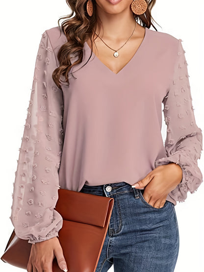 Elegant Swiss Dot Blouse for Women with V Neck Balloon Sleeve Sheer Cuff Relaxed Style