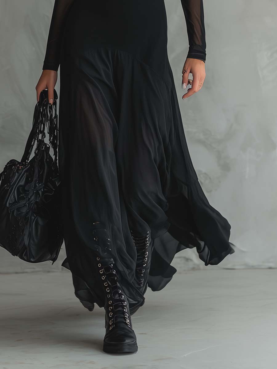 Elegant Black Mesh Maxi Dress for Women with High Neck Long Sleeve Sheer Flowing Style