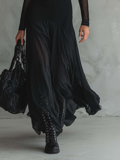 Elegant Black Mesh Maxi Dress for Women with High Neck Long Sleeve Sheer Flowing Style