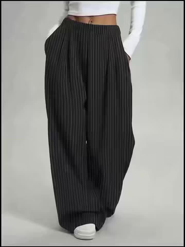 Elegant Black Pinstripe Wide Leg Trousers for Women with High Waist Pleated Relaxed Style