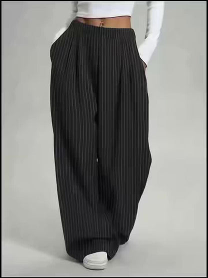 Elegant Black Pinstripe Wide Leg Trousers for Women with High Waist Pleated Relaxed Style