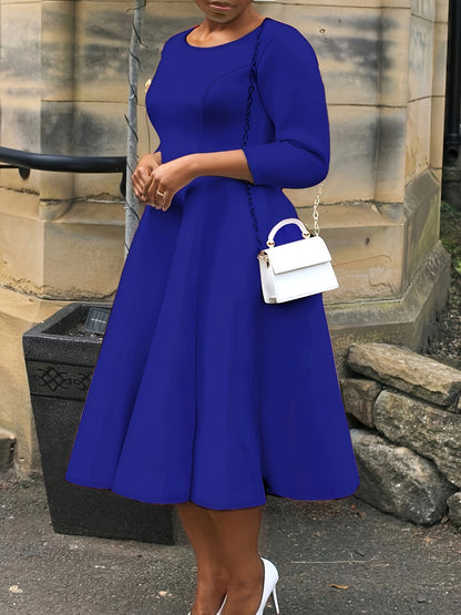 Elegant A Line Midi Dress for Women with Round Neck Elbow Sleeve Fit and Flare Style