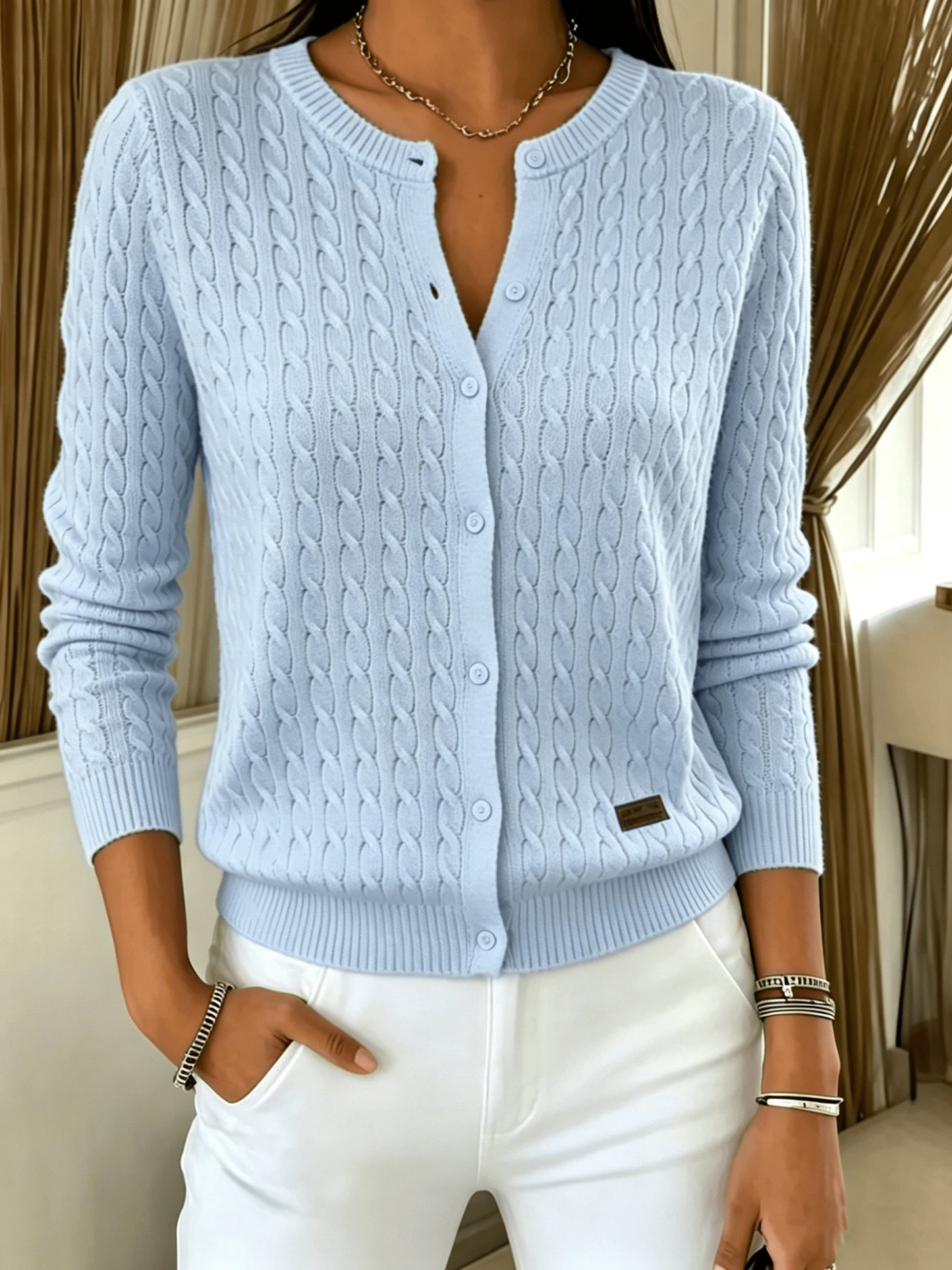 Comfortable Cable Knit Cardigan Sweater for Women with Crew Neck Long Sleeve Button Front Relaxed Casual Style