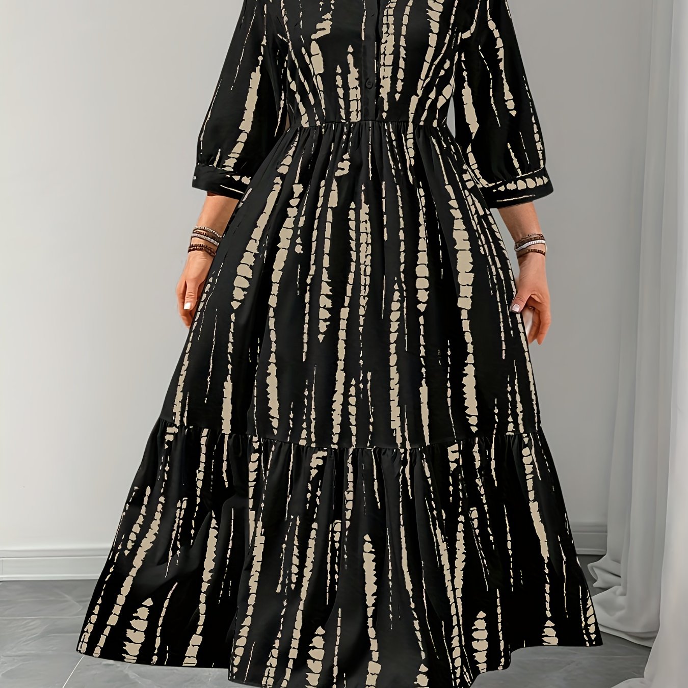 Elegant Black Tie Dye Maxi Shirt Dress for Women with Collar Elbow Sleeve Tiered Button Front Flowing Style