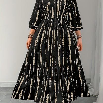 Elegant Black Tie Dye Maxi Shirt Dress for Women with Collar Elbow Sleeve Tiered Button Front Flowing Style