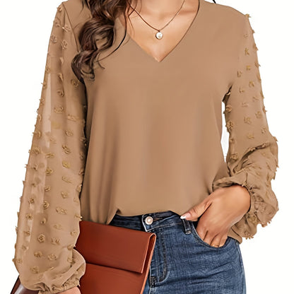 Elegant Swiss Dot Blouse for Women with V Neck Balloon Sleeve Sheer Cuff Relaxed Style