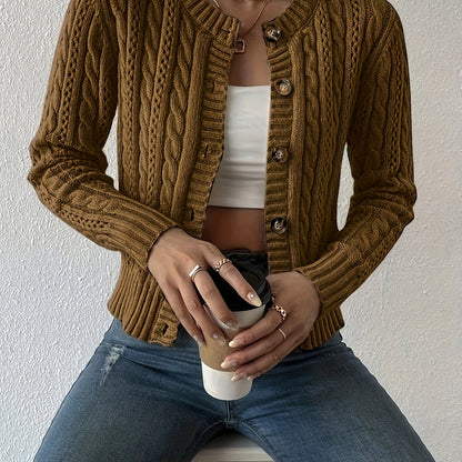 Comfortable Cable Knit Cardigan for Women with Crew Neck Long Sleeve Button Front Cropped Casual Style