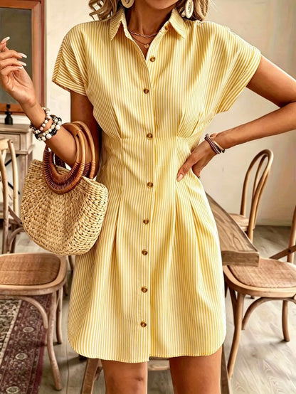 Elegant Striped Short-Sleeve A-Line Shirt Dress for Women, High-Waist Button-Up Casual Summer Office Dress in Light Pastel, Comfortable Polyester Fabric, French-Style, Solid Color, Women's Shirt Dress, Casual Shirt Dress, High-Waist, Office Dress