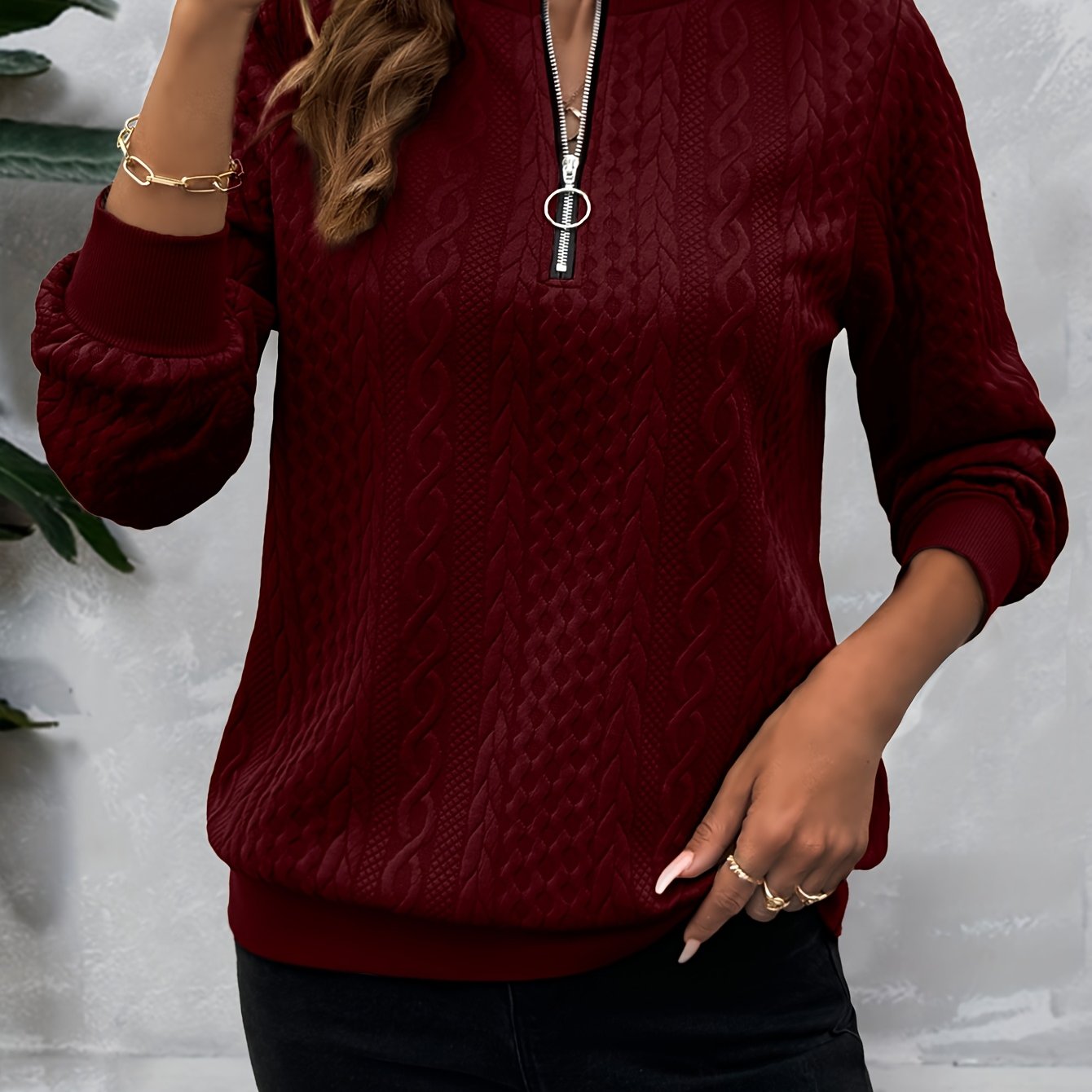 Comfortable Cable Knit Sweater for Women with Zip Crew Neck Long Sleeve Textured Relaxed Style