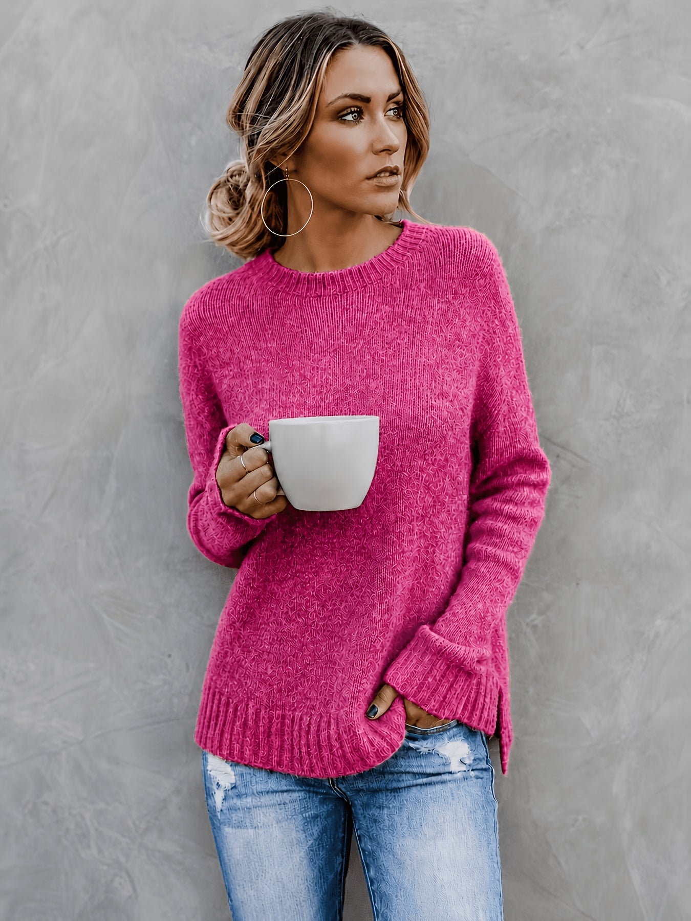 Comfortable Heathered Knit Sweater for Women with Crew Neck Bell Sleeve Side Slit Relaxed Oversized Style