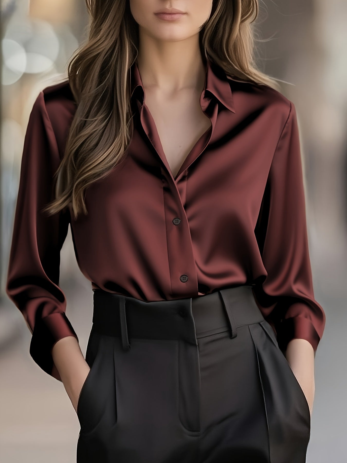 Elegant Satin Blouse for Women with Notched Collar Long Sleeve Button Front Silky Style