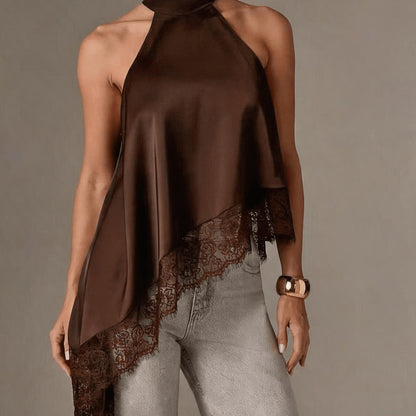 Irregular Patchwork Lace Neckline Halter Top, Women's Elegant Vest