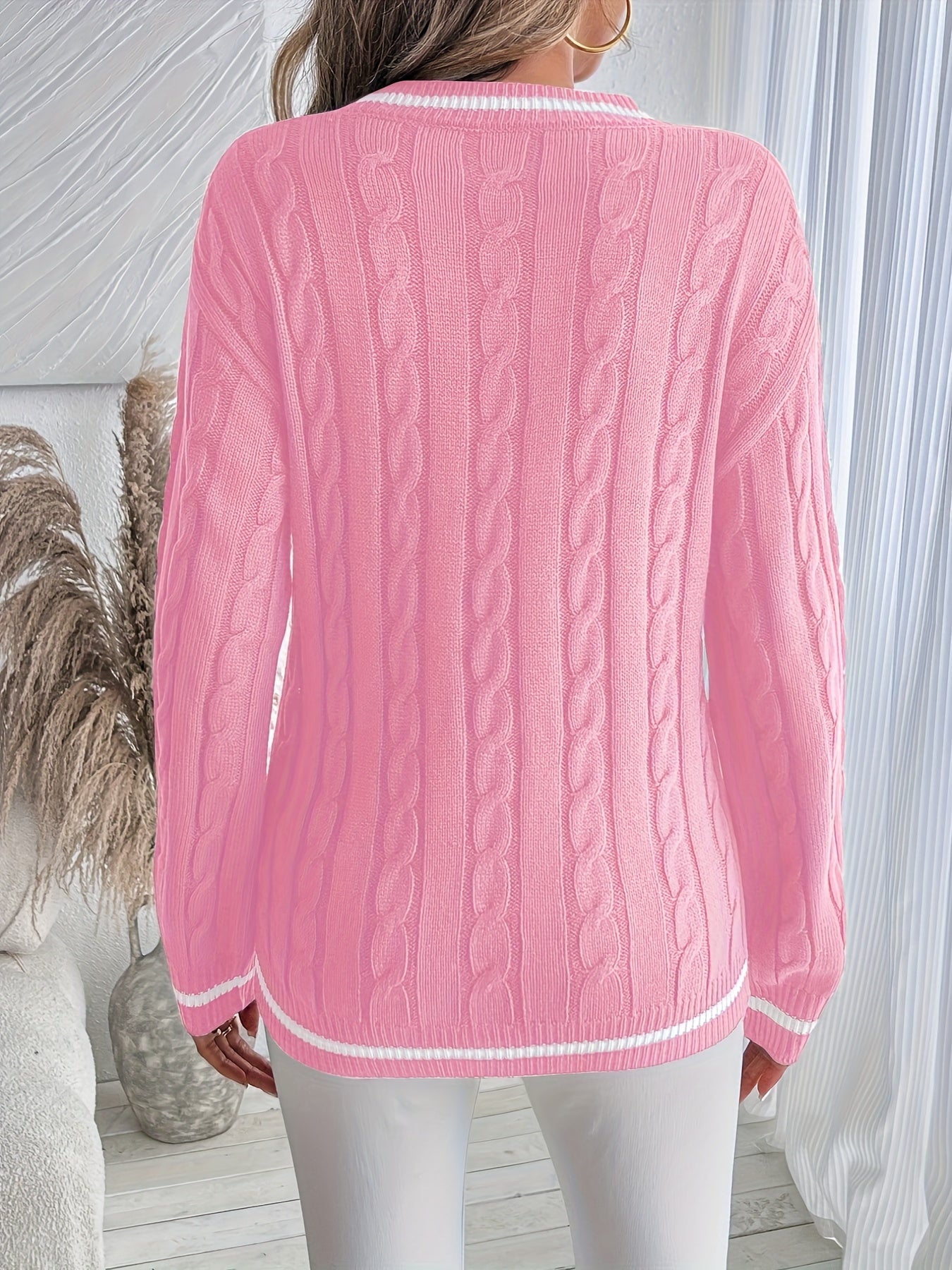 Comfortable Cable Knit Sweater for Women with V Neck Long Sleeve Contrast Stripe Relaxed Varsity Style