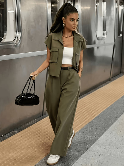 Effortless Wide Leg Two Piece Set for Women with Collar Short Sleeve Belted Relaxed Casual Style