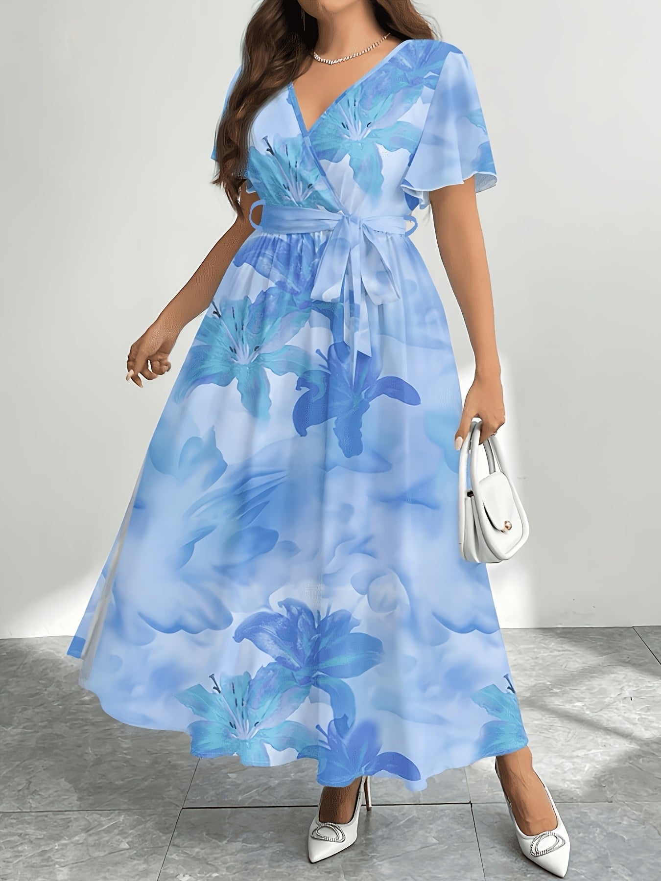 Effortless Multicolor Floral Maxi Dress for Women with V Neck Flutter Sleeve Wrap Belted Flowing Bohemian Style