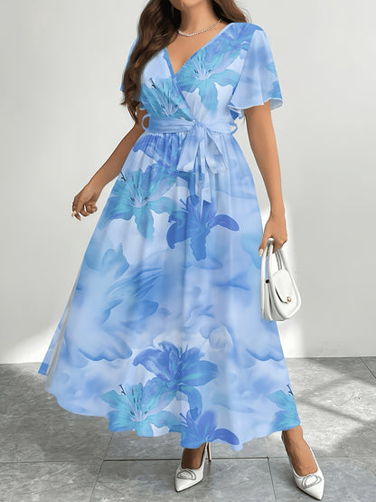 Effortless Multicolor Floral Maxi Dress for Women with V Neck Flutter Sleeve Wrap Belted Flowing Bohemian Style