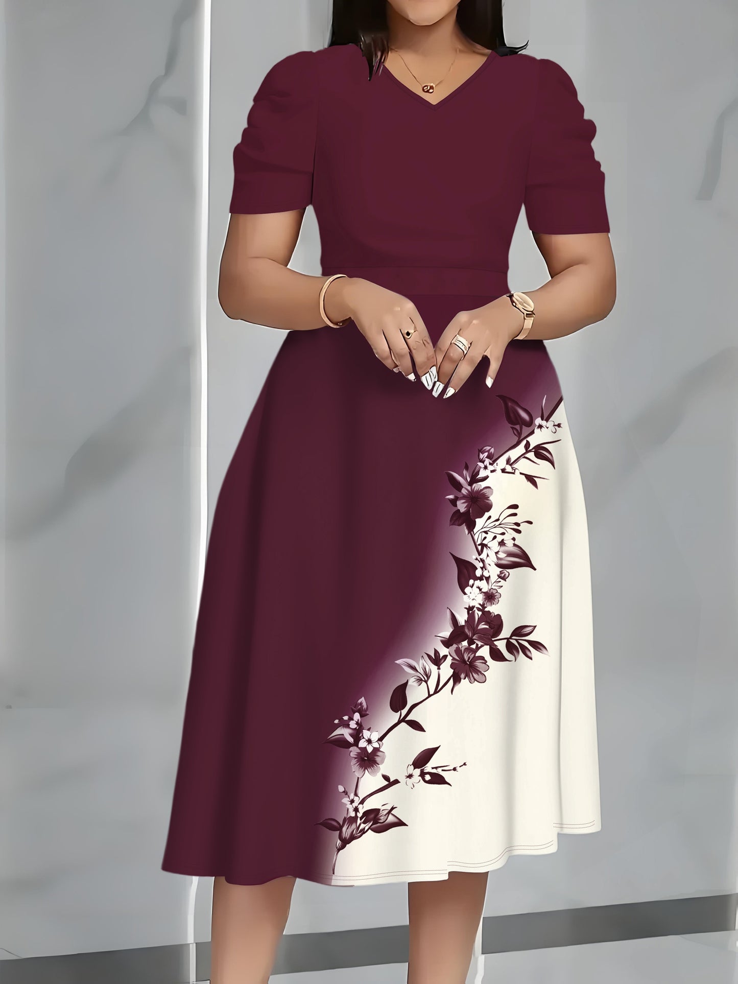Elegant Burgundy Floral Midi Dress for Women with V Neck Short Sleeve A Line Flowing Style
