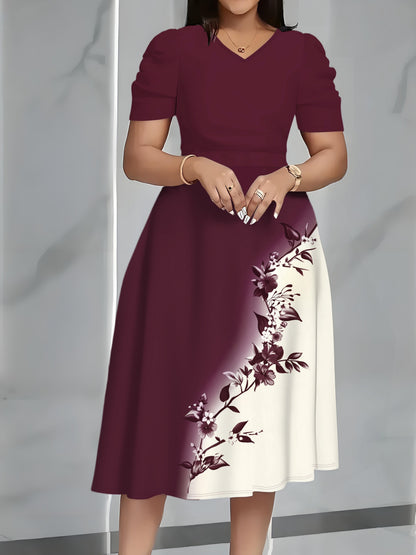Elegant Burgundy Floral Midi Dress for Women with V Neck Short Sleeve A Line Flowing Style