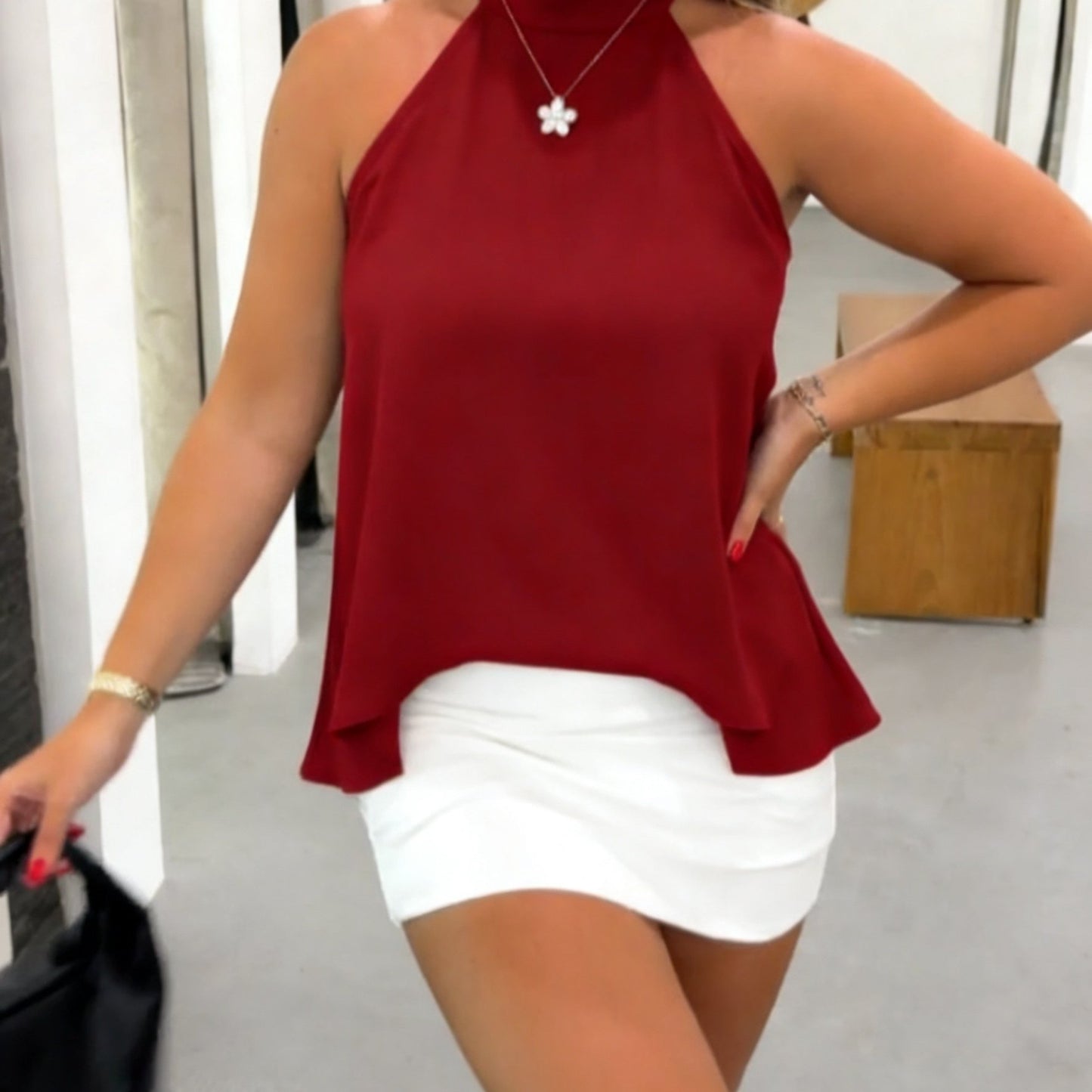 Effortless Flowy Halter Top for Women with High Neck Flowing Asymmetric Hem Tank Style