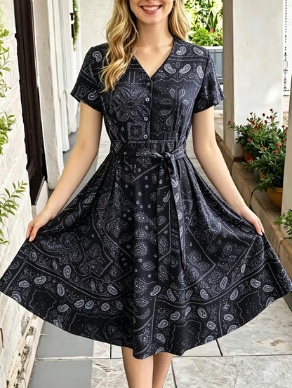 Elegant Paisley Print Shirt Dress for Women with V Neck Short Sleeve Belted Fit and Flare Style