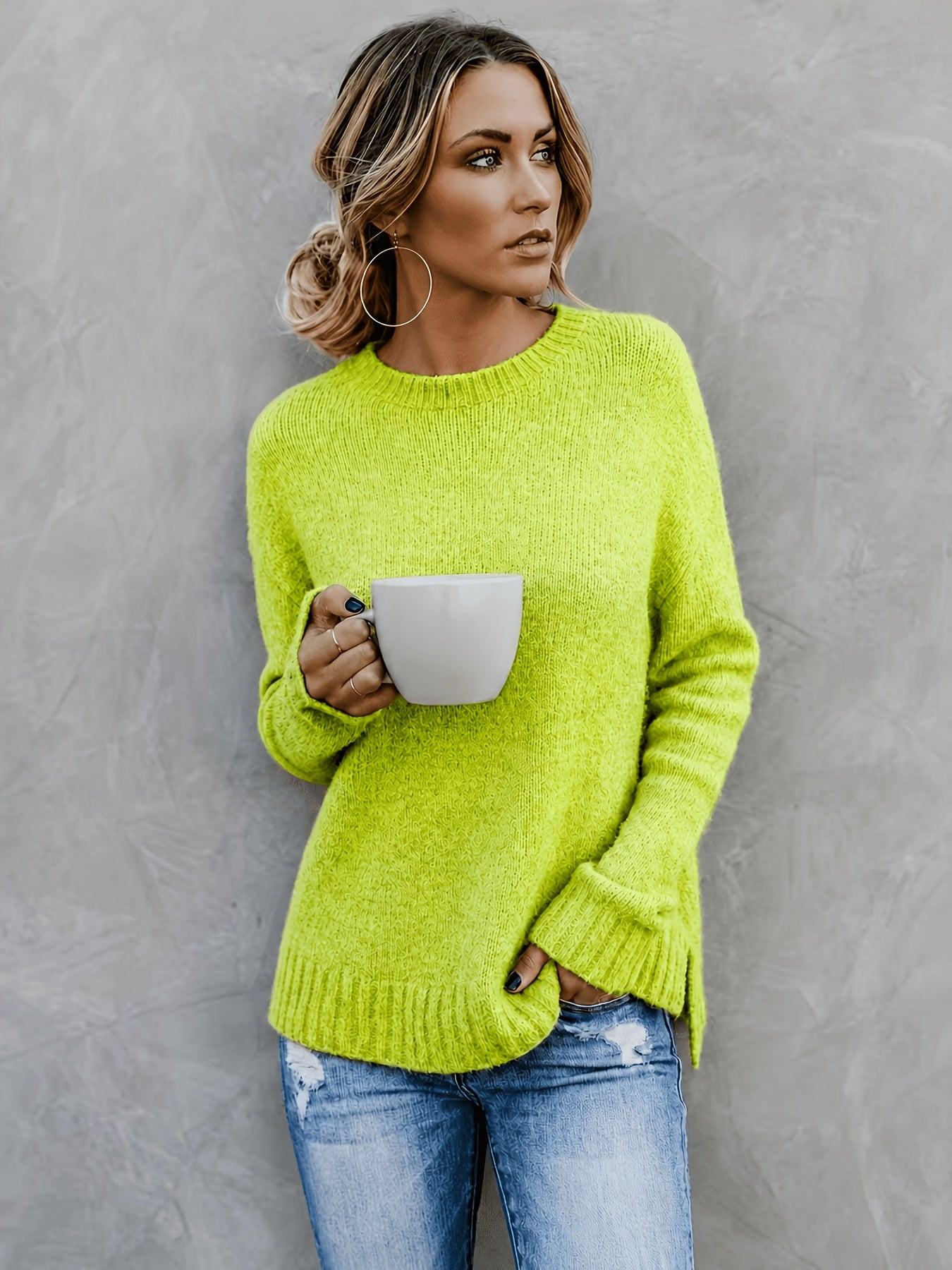 Comfortable Heathered Knit Sweater for Women with Crew Neck Bell Sleeve Side Slit Relaxed Oversized Style