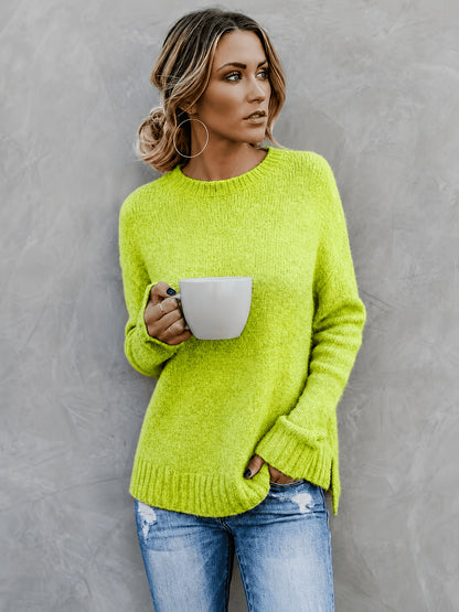 Comfortable Heathered Knit Sweater for Women with Crew Neck Bell Sleeve Side Slit Relaxed Oversized Style