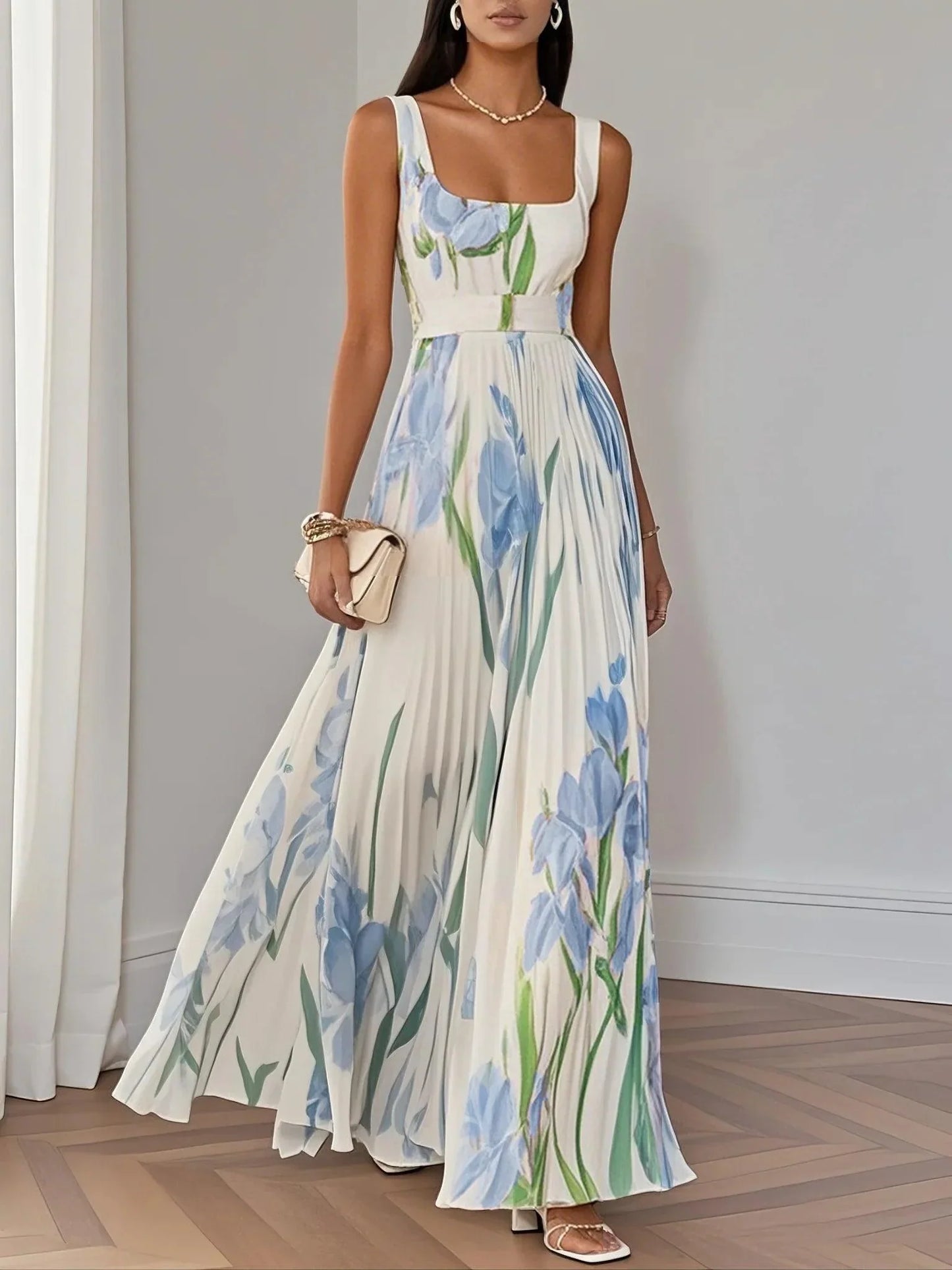 Elegant Floral Maxi Dress for Women with Square Neck Sleeveless Pleated Belted Wedding Guest Style
