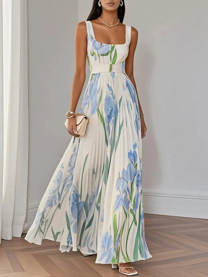 Elegant Floral Maxi Dress for Women with Square Neck Sleeveless Pleated Belted Wedding Guest Style